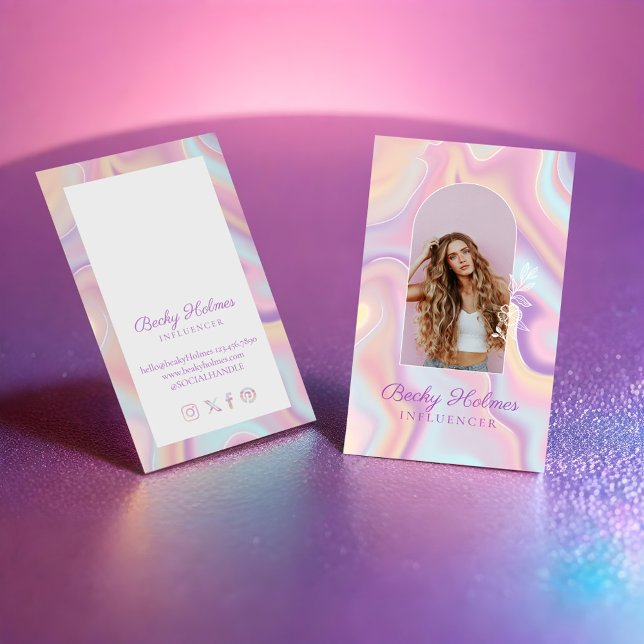 Pink & Purple Watercolor Holographic Design Beauty Business Card (Two blank white vertical purple and pink irridencent holographic 
 surface with both cards resting o)