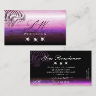 Pink Purple Watercolor Palm Leaves Jewels Initials Business Card