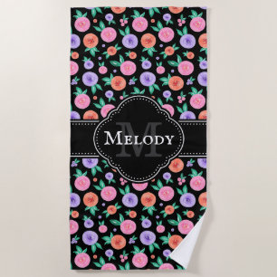 Pink / Purple Watercolor Rose Pattern on Black Beach Towel