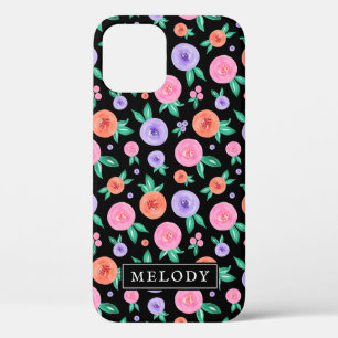 Pink / Purple Watercolor Rose Pattern on Black iPhone 12 Case