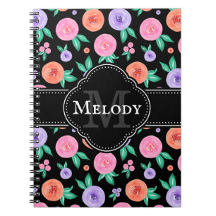 Pink / Purple Watercolor Rose Pattern on Black Notebook
