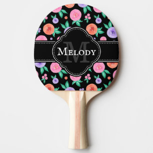 Pink / Purple Watercolor Rose Pattern on Black Ping Pong Paddle
