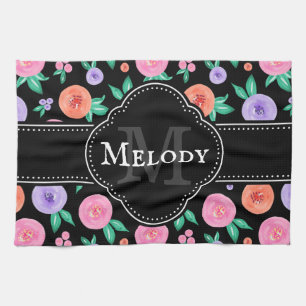 Pink / Purple Watercolor Rose Pattern on Black Tea Towel