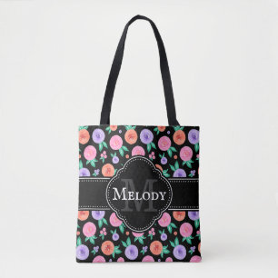 Pink / Purple Watercolor Rose Pattern on Black Tote Bag