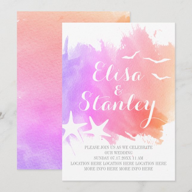 Pink, purple watercolor, starfish beach wedding invitation (Front/Back)