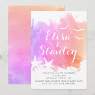 Pink, purple watercolor, starfish beach wedding invitation