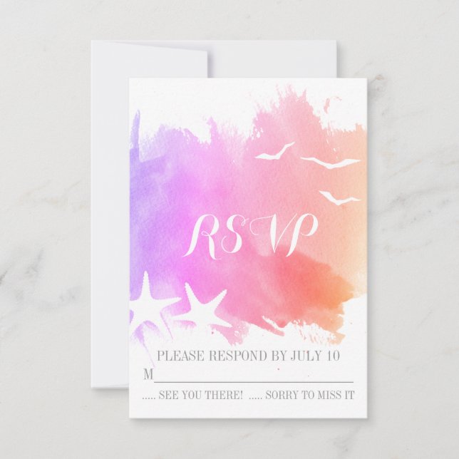 Pink purple watercolor starfish beach wedding RSVP Card (Front)