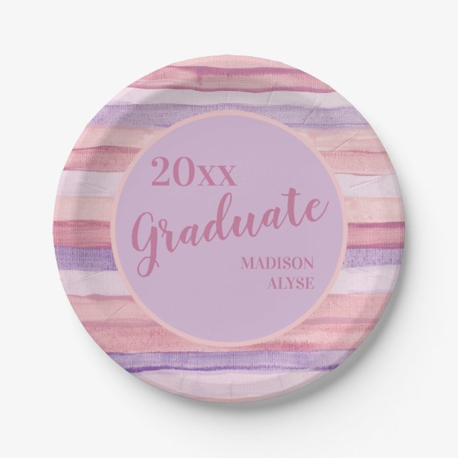 Pink Purple Watercolor Striped Graduation Class of Paper Plate (Front)