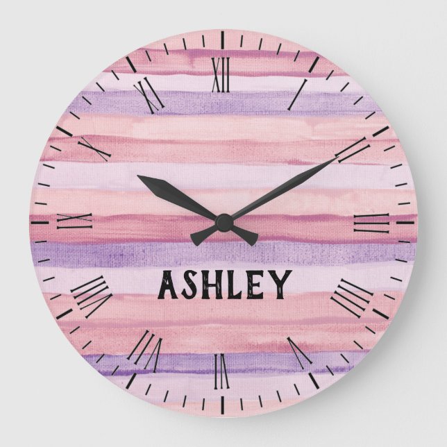 Pink & Purple Watercolor Stripes Personalized Large Clock (Front)