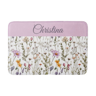 Pink Purple Watercolor Wildflower Bath Mat