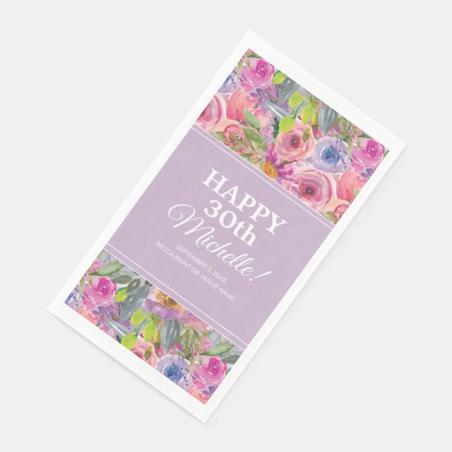 Pink Purple Watercolor Wildflowers 30th Birthday Napkin (Corner)