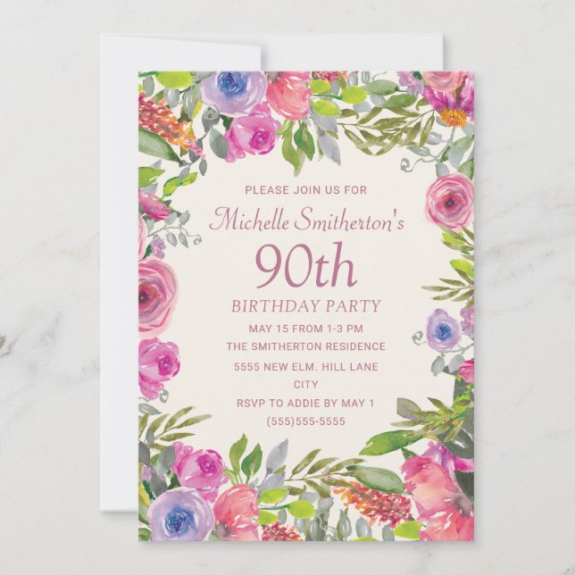 Pink Purple Watercolor Wildflowers 90th Birthday Invitation (Front)