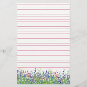 Pink Purple Watercolor Wildflowers Lined Stationery