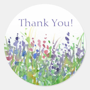 Pink Purple Watercolor Wildflowers Thank You Classic Round Sticker