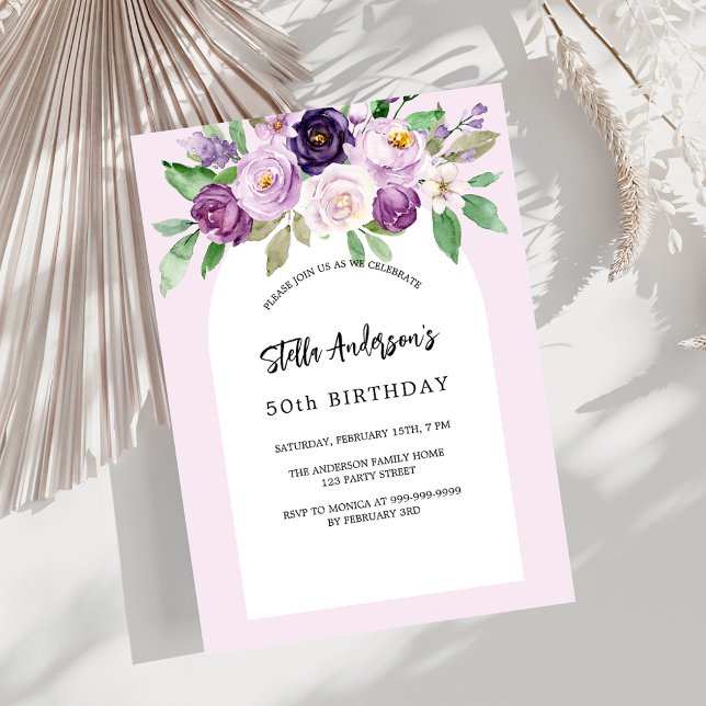 Pink purple watercolored florals birthday invitation (Creator Uploaded)
