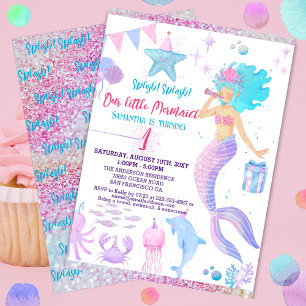Pink Purple Whimsical Girl 1st Mermaid Birthday Invitation