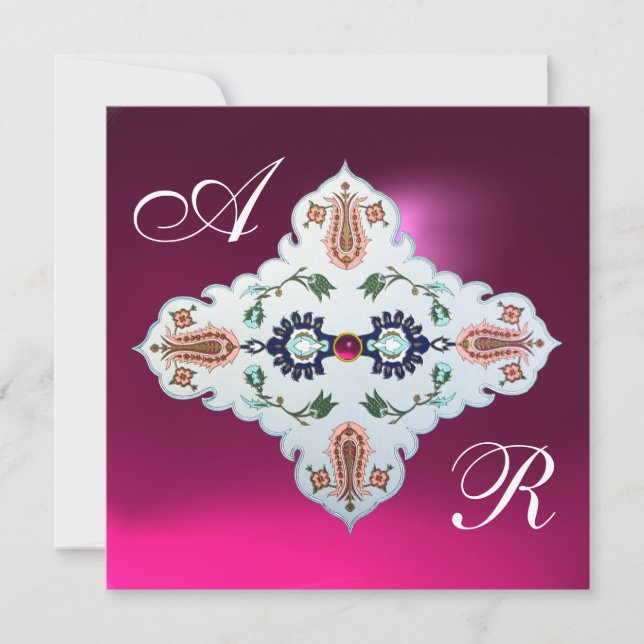 PINK PURPLE WHITE DAMASK MONOGRAM Amethyst Fuchsia Invitation (Front)