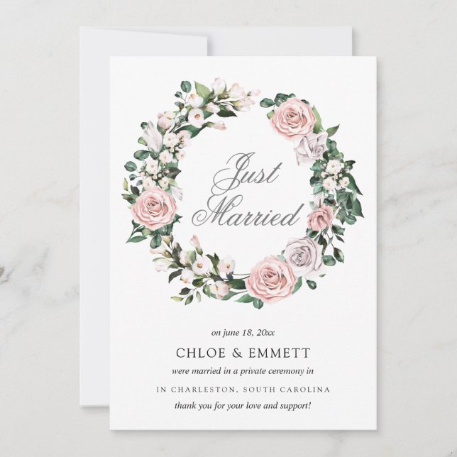 Pink Purple White Floral Just Married Elopement Announcement (Front)