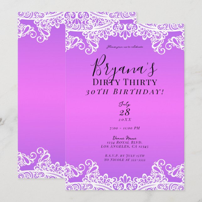 Pink & Purple White Lace Dirty 30 30th Birthday  Invitation (Front/Back)