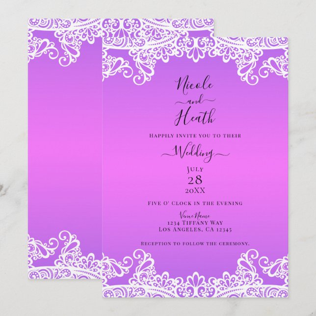Pink Purple & White Lace Elegant Wedding  Invitation (Front/Back)