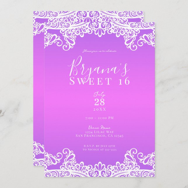 Pink Purple & White Lace Sweet 16 Party    Invitation (Front/Back)