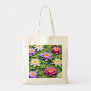 Pink Purple White Water Lily Botanical Watercolor Tote Bag