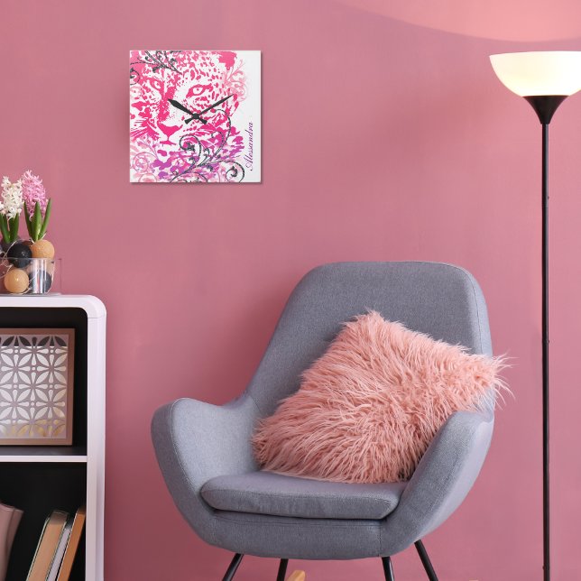 Pink Purple Wild Cat Leopard Cheetah with Flourish Square Wall Clock (Creator Uploaded)