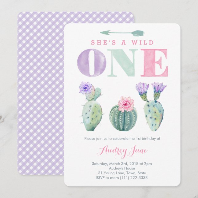 Pink Purple Wild ONE Girl First Birthday Party Invitation (Front/Back)