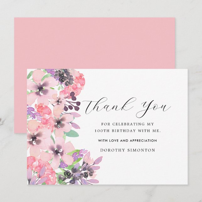 Pink Purple Wildflower 100th Birthday Thank You (Front/Back)
