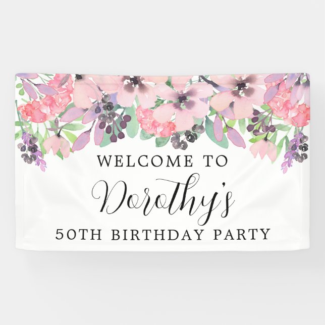 Pink Purple Wildflower 50th Birthday Welcome Banner (Horizontal)