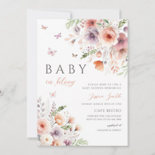 Pink Purple Wildflower Butterfly Baby Shower Invitation