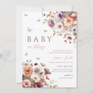 Pink Purple Wildflower Butterfly Baby Shower Invitation