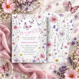 Pink Purple Wildflower & Butterfly Baby Shower Invitation