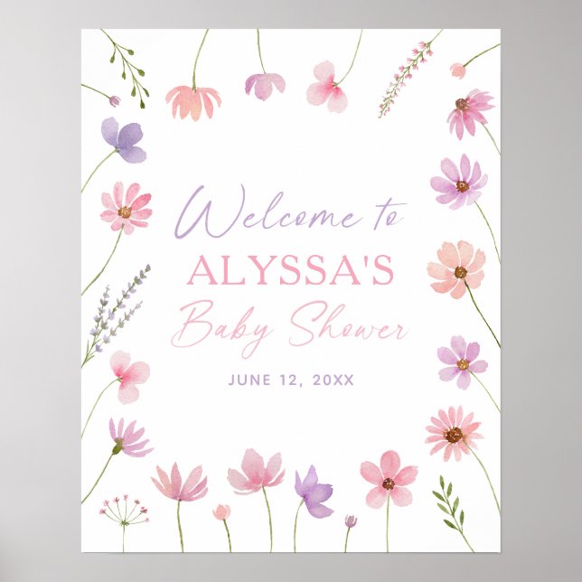 Pink Purple Wildflowers Baby Shower Welcome Sign (Front)