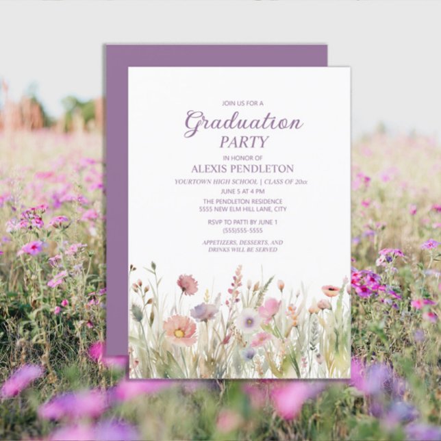 Pink Purple Wildflowers High School Graduation Invitation (Wildflowers purple graduation party invitations)