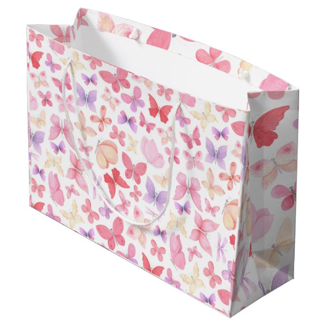 Pink Purple Yellow Butterflies Baby Shower Large Gift Bag (Back Angled)