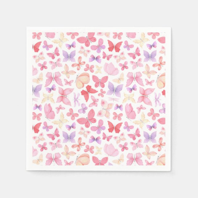 Pink Purple Yellow Butterflies Party Napkin (Front)