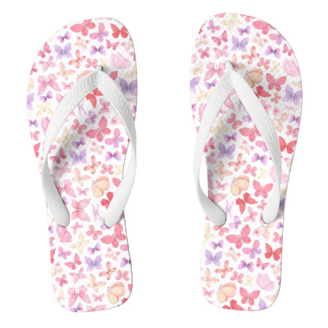  Pink Purple Yellow Butterflies Pastel colours Flip Flops (Footbed)