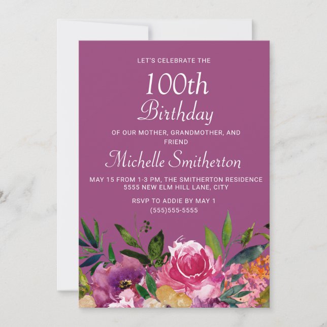 Pink Purple Yellow Floral 100th Birthday Invitation (Front)