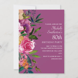 Pink Purple Yellow Floral 80th Birthday Invitation