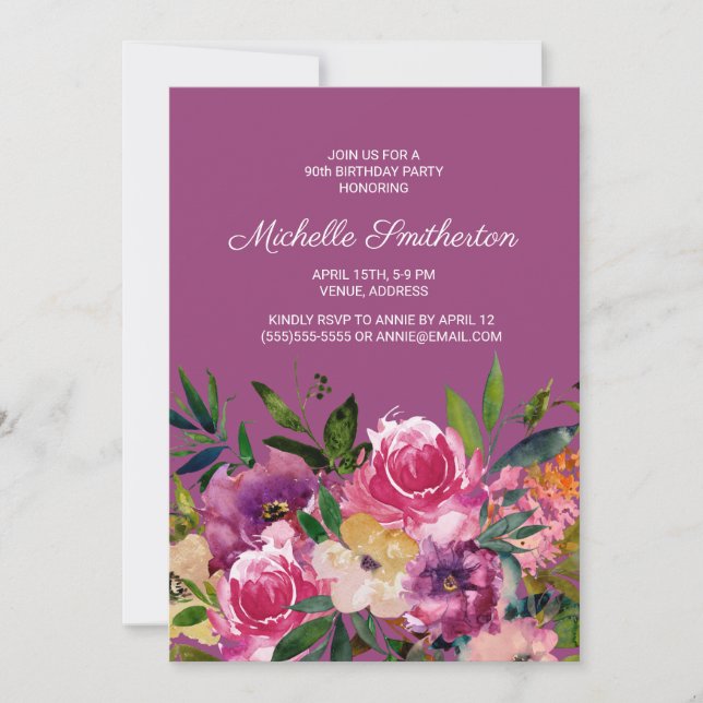 Pink Purple Yellow Floral 90th Birthday Invitation (Front)