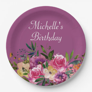 Pink Purple Yellow Floral Custom Birthday Name Paper Plate