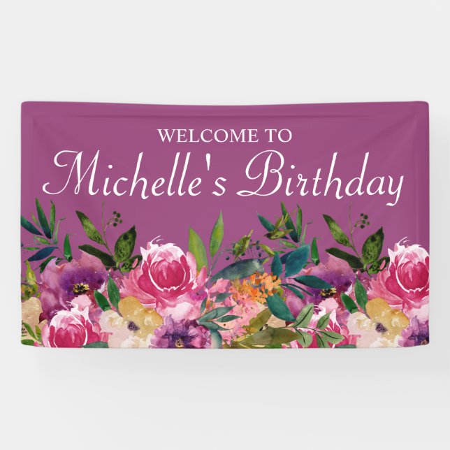 Pink Purple Yellow Floral Custom Birthday Welcome Banner (Horizontal)