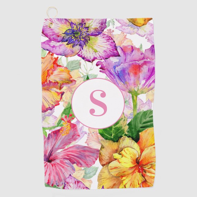 Pink Purple Yellow Floral Monogram Golf Towel (Front)