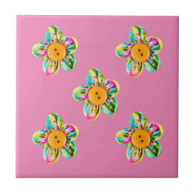 Pink, purple, yellow flowers on soft pink tile (Front)