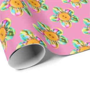 Pink, purple, yellow flowers on soft pink wrapping paper