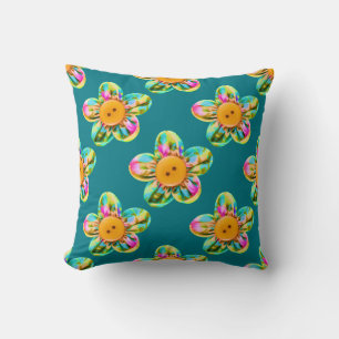 Pink, purple, yellow flowers on turquoise cushion