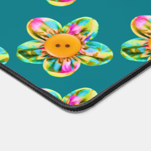 Pink, purple, yellow flowers on turquoise desk mat