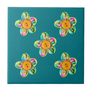 Pink, purple, yellow flowers on turquoise tile