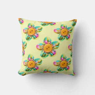 Pink, purple, yellow flowers on yellow cushion